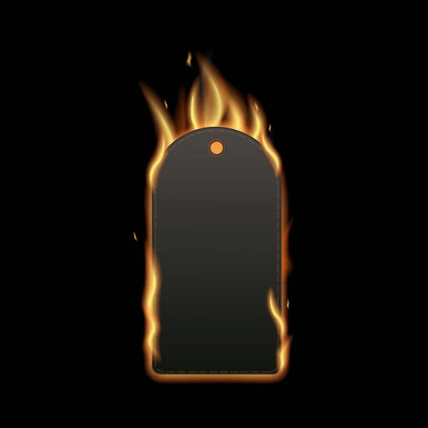 Burning black price tag isolated on dark background — Stock Vector