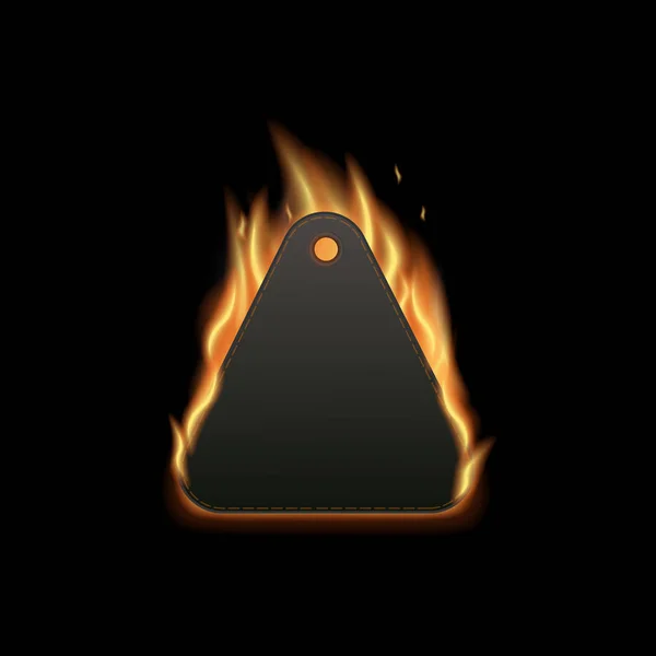 Triángulo forma etiqueta de ropa en el fuego - quemar etiqueta de precio en blanco para la ropa — Archivo Imágenes Vectoriales