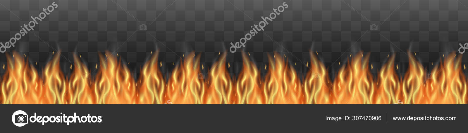 Long line of realistic fire flames isolated on black semi