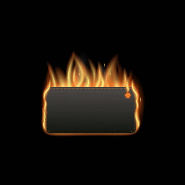Etiqueta de roupa preta queimando com fogo realista isolado no fundo escuro — Vetor de Stock