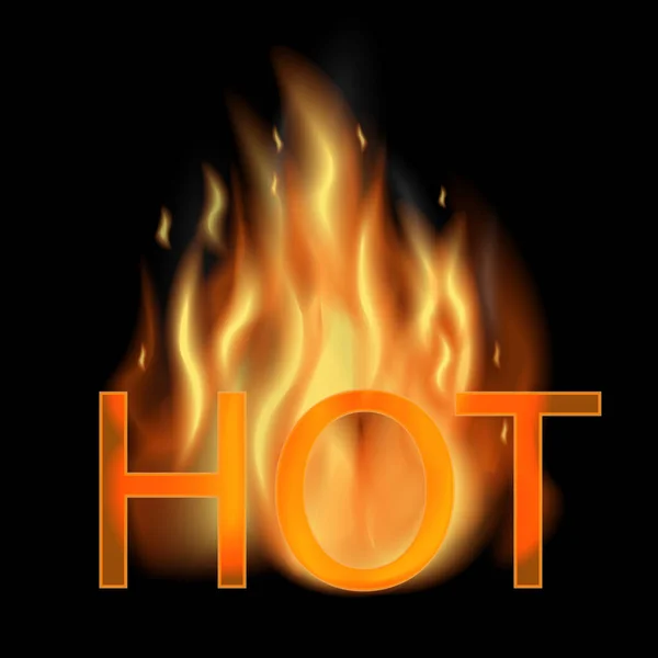Palabra ardiente CALIENTE con fuego realista y textura escaldada — Vector de stock