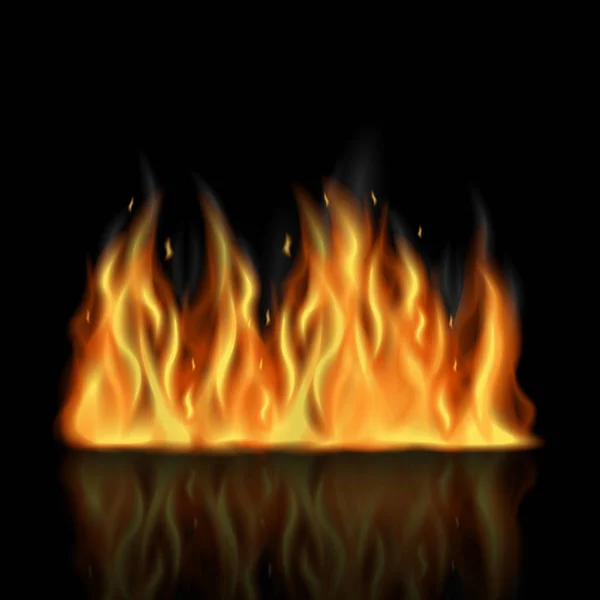 逼真的火与橙色火焰和黑色背景的透明烟雾 — 图库矢量图片