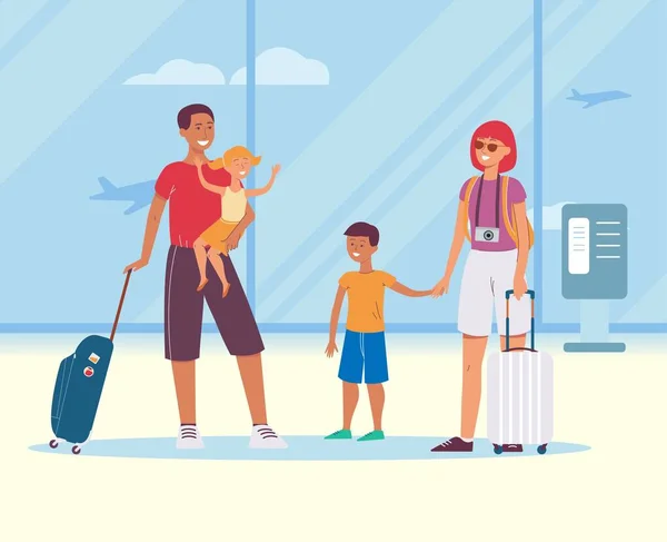 Сімейні подорожі плоский мультфільм Векторні ілюстрації на інтер'єрі аеропорту . — стоковий вектор