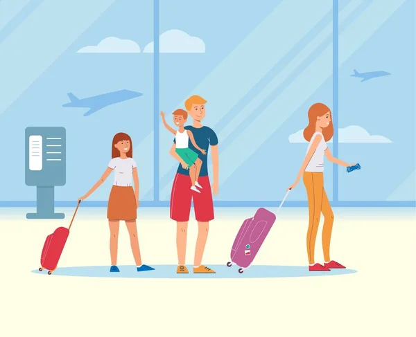 Familia de dibujos animados con bolsas de viaje en la terminal del aeropuerto — Vector de stock