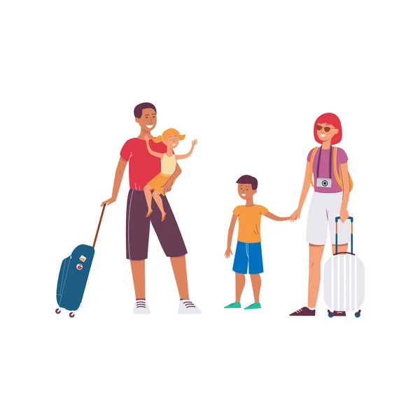 Dibujos animados familia turística con bolsas de viaje y cámara — Vector de stock