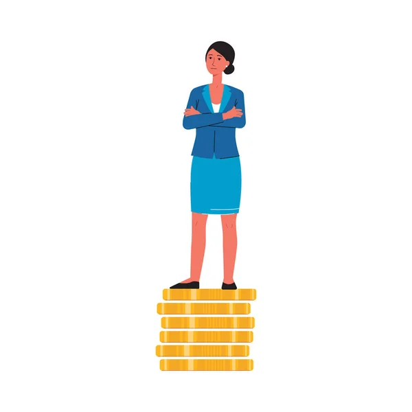 悲しい顔で金貨の積み重ねの上に立つビジネス服の漫画の女性 — ストックベクタ
