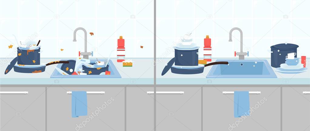 Clean and dirty dishes in the kitchen sink flat vector illustration isolated.