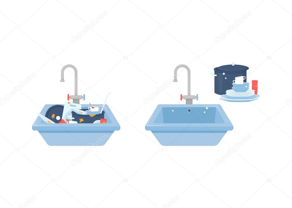 Kitchen sink filled with dirty dishes before and after cleaning