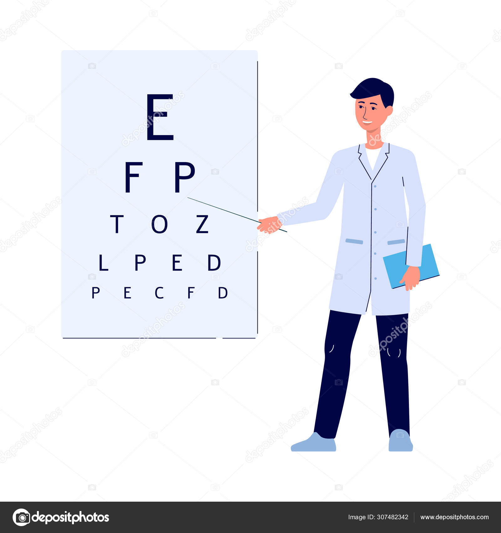 Male Doctor Showing Letters On Eye Test Board Cartoon Man In