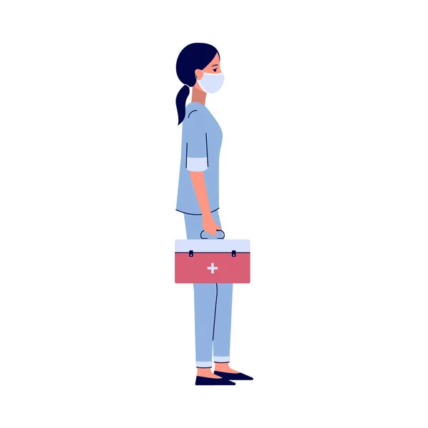 Verpleegkundige permanent met rode geneeskunde koffer-cartoon ziekenhuis werknemer in gezichtsmasker — Stockvector