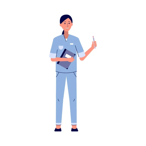 Enfermera de dibujos animados en uniforme sosteniendo cuaderno y pluma para tomar notas — Vector de stock
