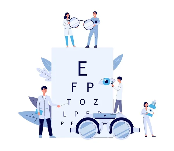 Contrôle et test de la vision par les ophtalmologistes et les médecins de la clinique . — Image vectorielle
