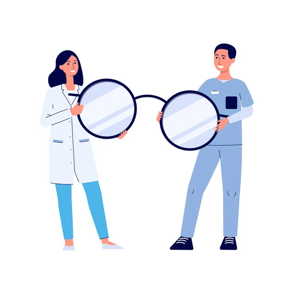 Γιατρός μάτι γυναίκα και άντρας νοσοκόμα κρατώντας ένα γιγαντιαίο ζευγάρι γυαλιά — Διανυσματικό Αρχείο