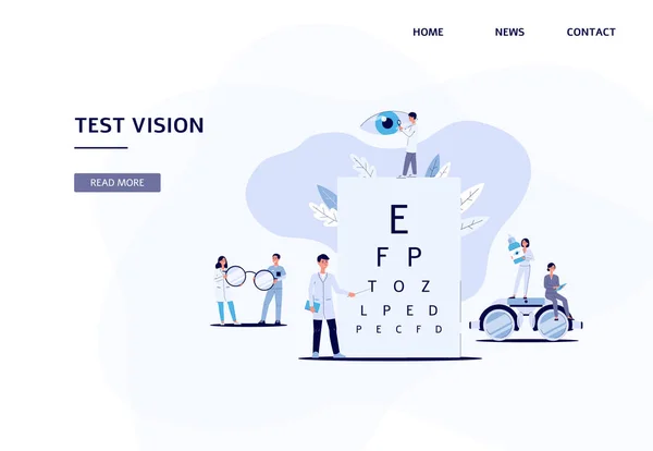 Visão de teste - Desenhos animados página de destino plana com equipe de oftalmologista — Vetor de Stock