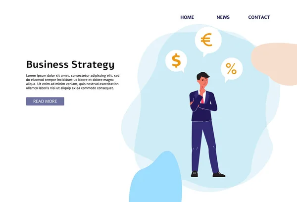 Banner de estrategia de negocios - hombre de negocios de dibujos animados plana pensando en el dinero — Vector de stock