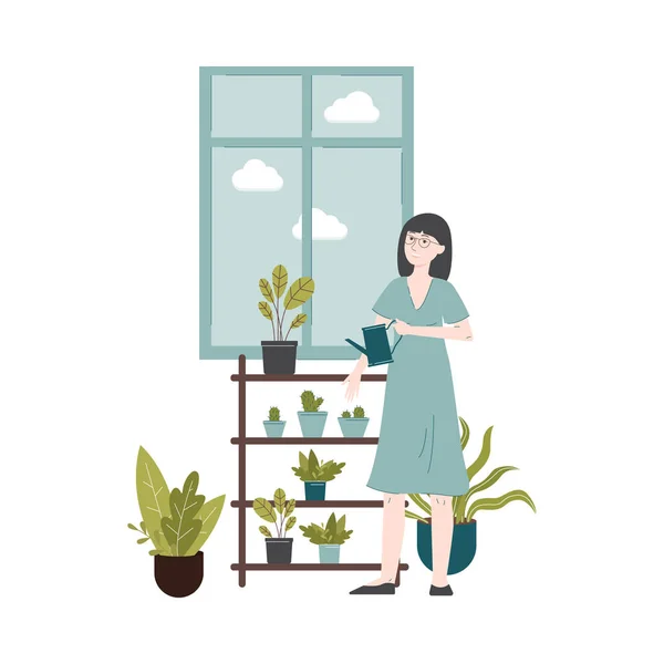 Міські джунглі - жінка в блакитній сукні, що поливає рослини зеленого будинку біля вікна — стоковий вектор