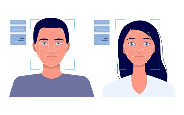 Yüz tanıma teknolojisi - idverification arayüzünde erkek ve kadın yüzü — Stok Vektör