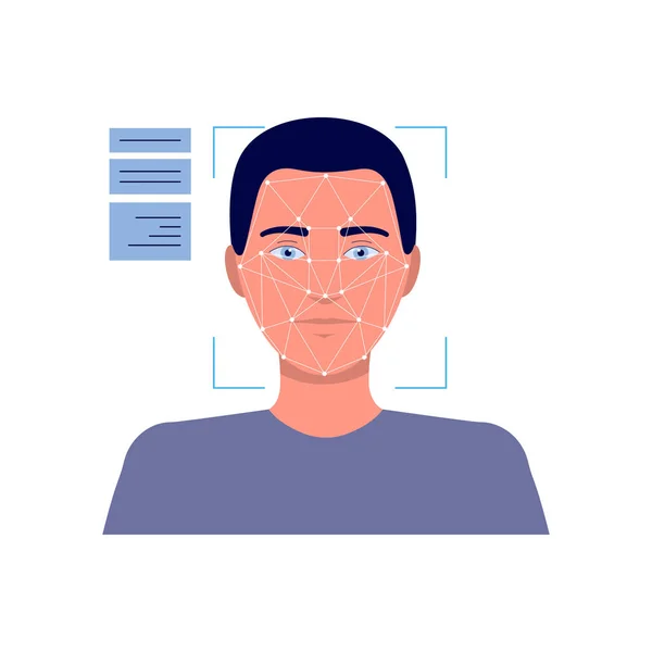 Cartoon mans face in facial recognition technology device — Stock Vector