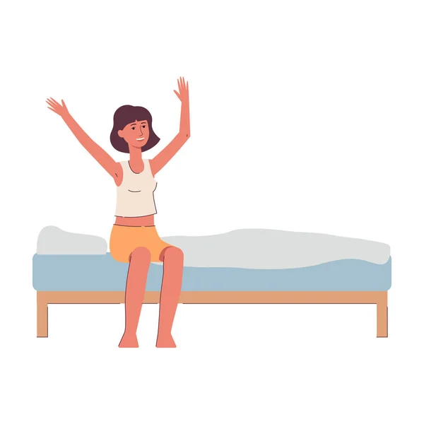 Kvinna sitter på sängen uppvaknande eller kommer att sova vektor illustration isolerad. — Stock vektor