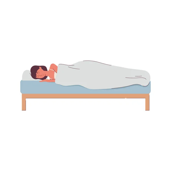 Κινούμενα σχέδια γυναίκα κοιμάται στο κρεβάτι απομονωμένη σε λευκό φόντο — Διανυσματικό Αρχείο
