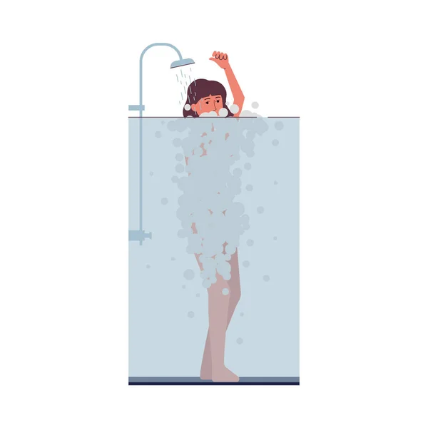 Mulher tomando um banho com bolhas de espuma de desenhos animados cobrindo seu corpo — Vetor de Stock