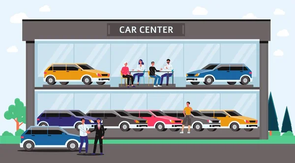 자동차 센터 - 다채로운 자동차와 내부 사람들이 만화 유리 건물. — 스톡 벡터