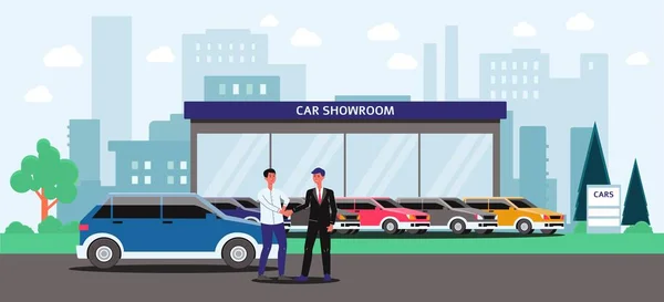 Auto showroom-cartoon man het kopen van een blauwe auto van verkoper in kostuum — Stockvector