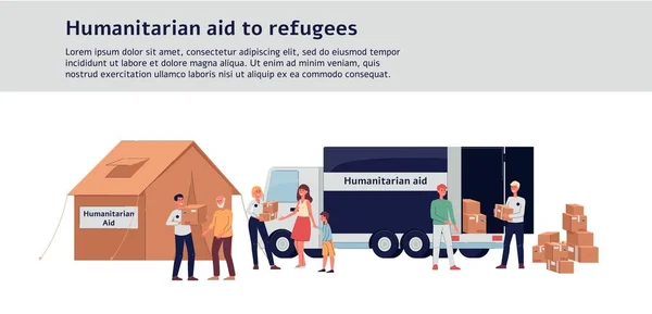 Humanitaire hulp aan vluchtelingen-donatie kamp tent en truck met kartonnen dozen voor liefdadigheid — Stockvector