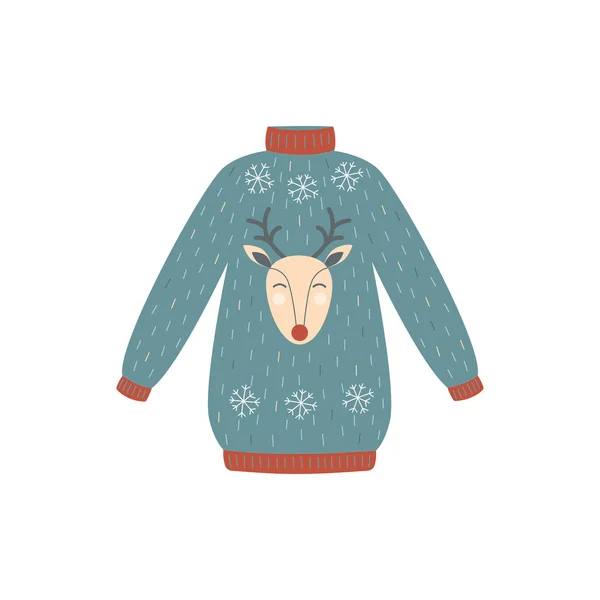 파란색과 빨간색 사슴 크리스마스 스웨터 - 겨울 휴가 파티 의류 — 스톡 벡터