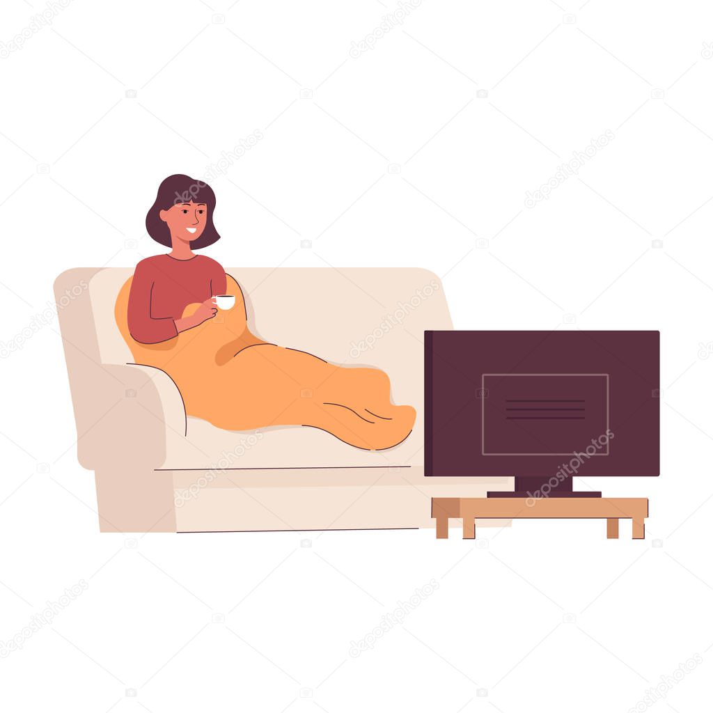 Daily women - woman relaxing and watch TV flat vector illustration isolated.