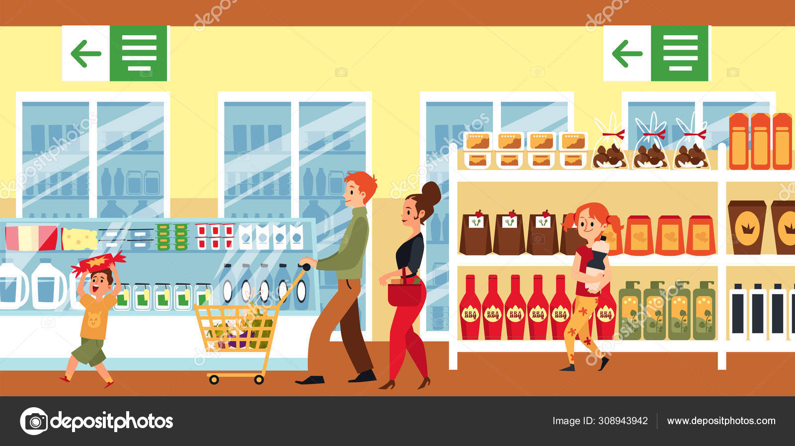 Cartoon family in supermarket - flat banner with people inside grocery store  Stock Vector Image by ©Sabelskaya #308943942