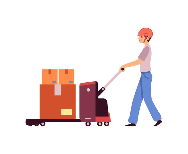 Factory or shipping warehouse worker pushing trolley flat illustration isolated. — ストックベクタ