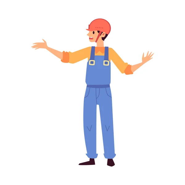 Trabajador de almacén de dibujos animados en uniforme azul haciendo gestos con su mano — Vector de stock