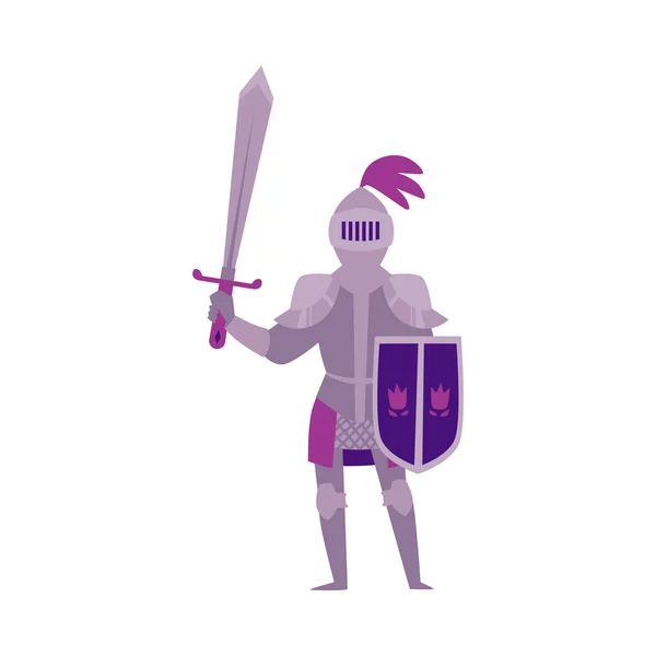Middle Ages knight in armour with sword flat vector illustration isolated. — Stock Vector
