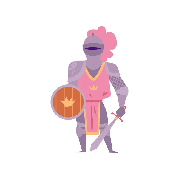 Cartoon woman knight in pink metal armor with sword and shield — ストックベクタ