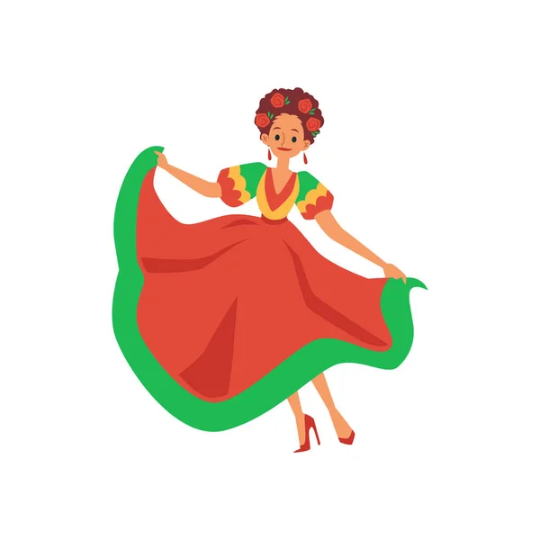Mexikansk dansare kvinna i röd och grön klänning med blommor i håret — Stock vektor