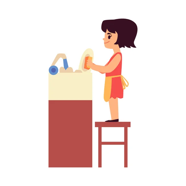 Κινούμενο παιδί πλένει τα πιάτα - χαρούμενο κοριτσάκι σε μια καρέκλα πλένει ένα πιάτο — Διανυσματικό Αρχείο
