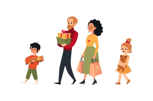 Familia de dibujos animados caminando con bolsas de compras, cajas de regalo y juguetes — Vector de stock