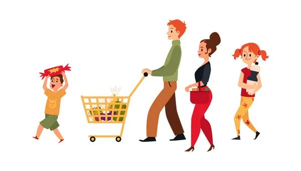 Família dos desenhos animados no supermercado com carrinho de compras - ilustração vetorial plana isolada —  Vetores de Stock
