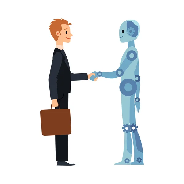 Çizgi film robotu ve iş adamı tokalaşması. İş adamı ve android el sıkışıyor. — Stok Vektör