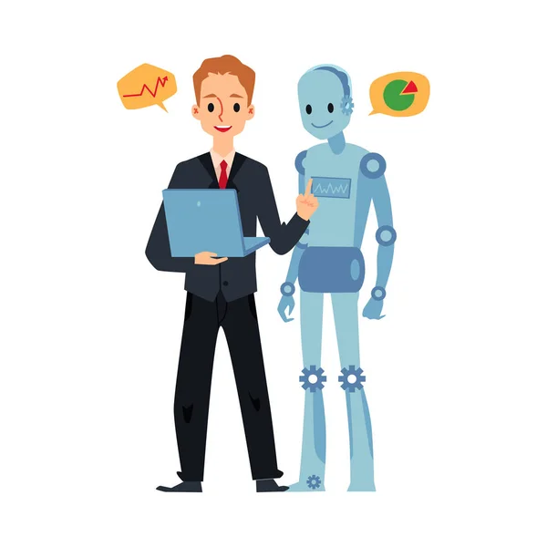 Podnikatel a android robot při pohledu na notebook mluví o grafech. — Stockový vektor