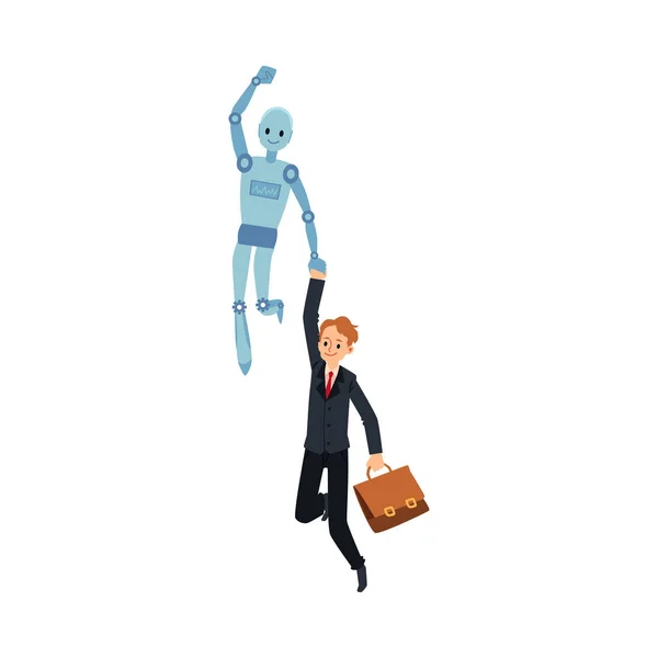 Cartoon robot flying and carrying businessman by hand - business cooperation — Stok Vektör