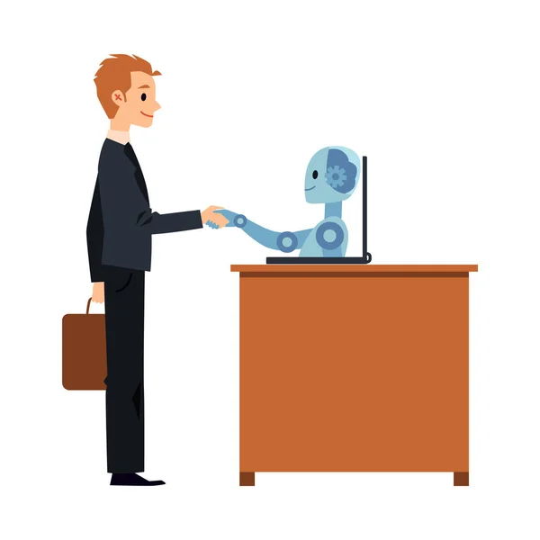 Empresario y robot apretón de manos vector plano ilustración aislado en blanco . — Vector de stock