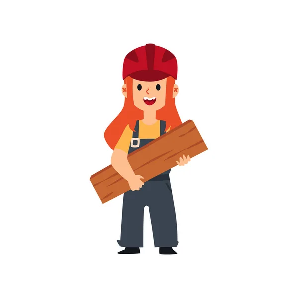 Niedliche weibliche Kind in Bauarbeiter-Uniform und Schutzhelm hält eine Planke aus Holz. — Stockvektor