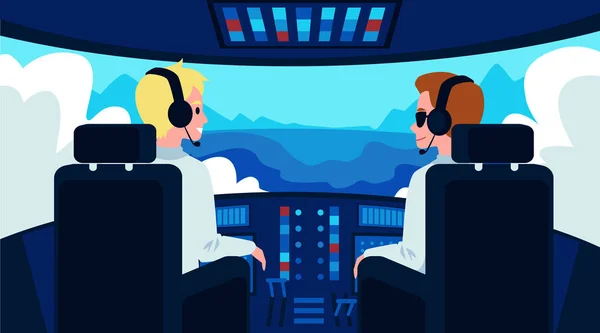 Pilot and copilot inside airplane cockpit flat cartoon vector illustration. — Stock Vector