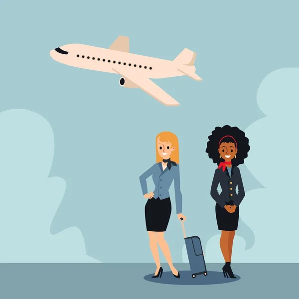 Due belle hostess con una valigia stanno contro il cielo e un aeroplano . — Vettoriale Stock