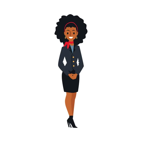 Africana azafata en uniforme negro de pie y sonriente — Vector de stock