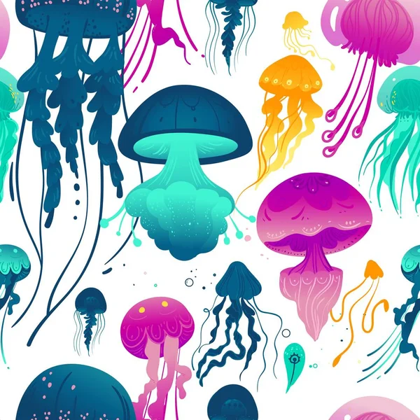 Glowing jellyfish seamless pattern - colorful sea creatures — Stock Vector