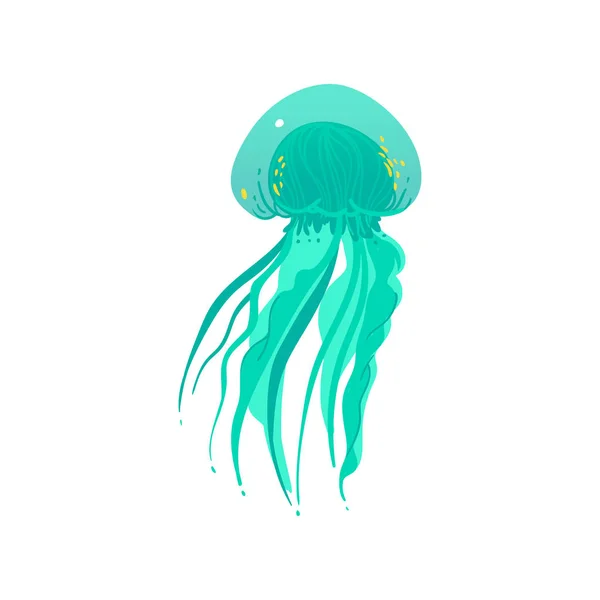 Teal green jellyfish drawing with long tentacles and transparent texture — Stock Vector