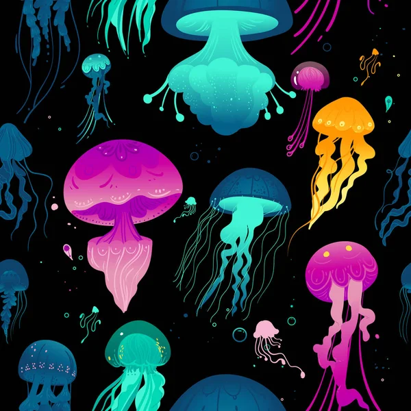 Glowing colorful jellyfish on black background - seamless pattern. — Stock Vector